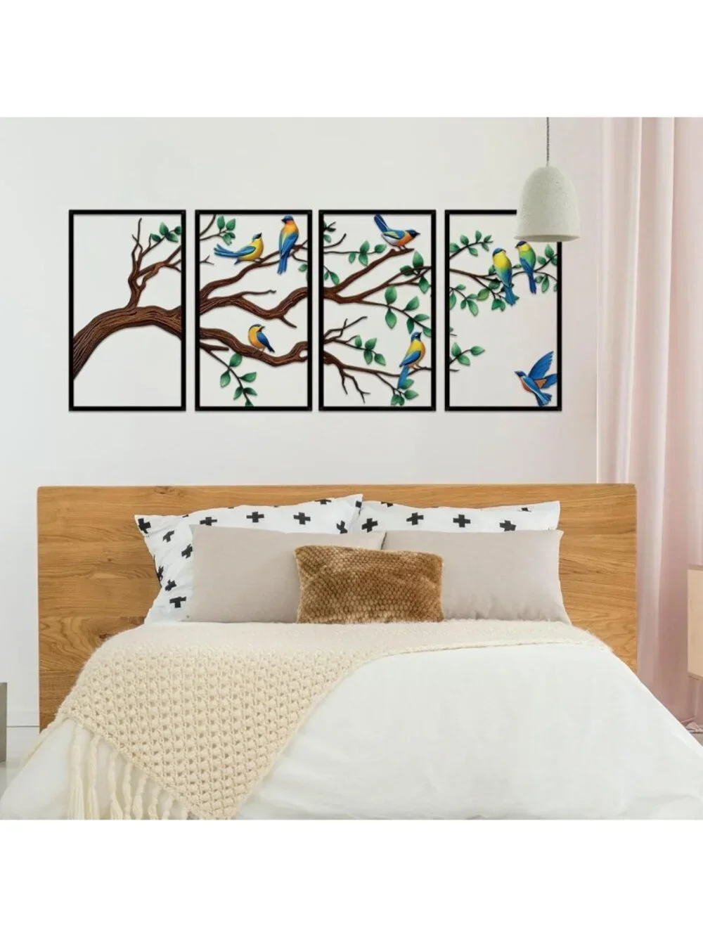 4-Piece Large Metal Birds & Branch Wall Art - Colorful Tree of Life Sculpture